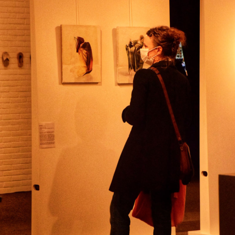 Une visiteurs, toute de noir vêtue, un sac en bandoulière, admirant certains tableaux de l'exposition